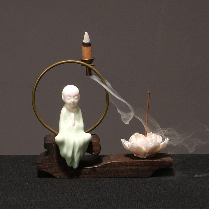 Buddha Stones Ceramic Lotus Healing Meditation Incense Burner Decoration - Cyan Little Monk - image 16