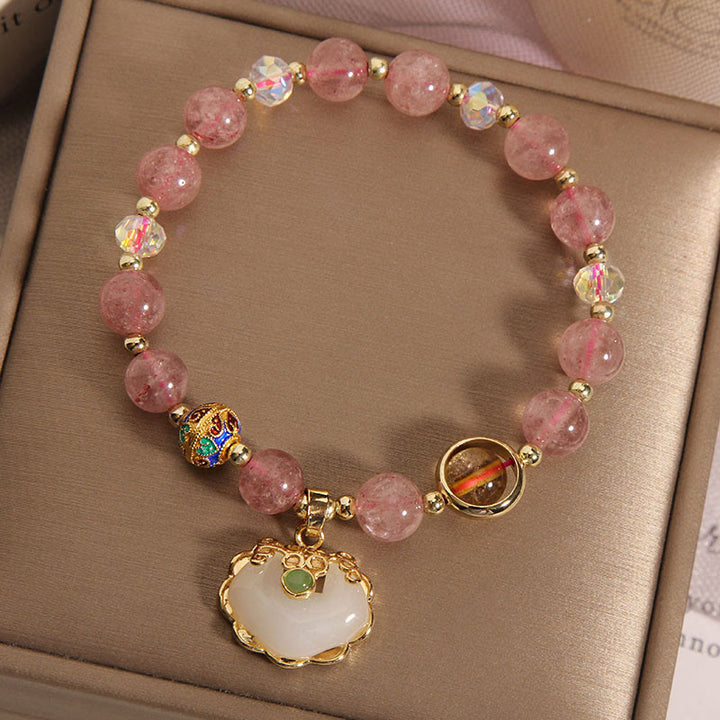 Buddha Stones Strawberry Quartz Green Crystal Amethyst Healing Chinese Lock Charm Bracelet