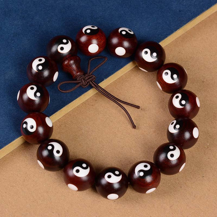 Buddha Stones Small Leaf Red Sandalwood Yin Yang Protection Bracelet