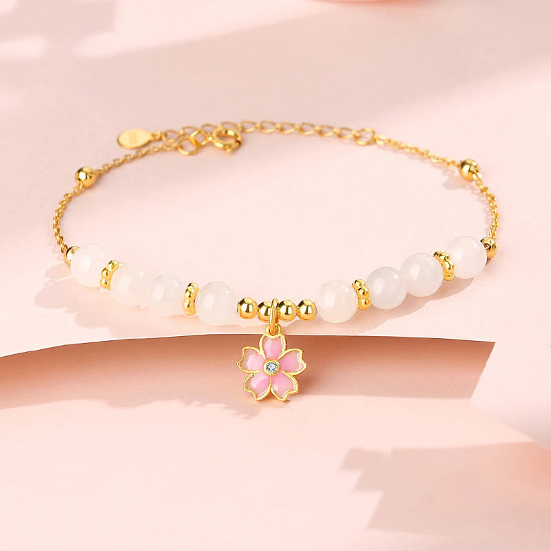 Buddha Stones 925 Sterling Silver Hetian White Jade Cherry Blossom Protection Bracelet - White Jade(Protection♥Blessing) - image 0