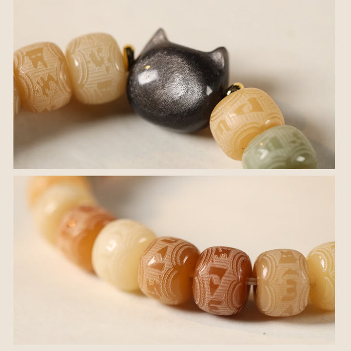 Buddha Stones Bodhi Seed Silver Sheen Obsidian Cat Head Om Mani Padme Hum Engraved Harmony Bracelet - image 4