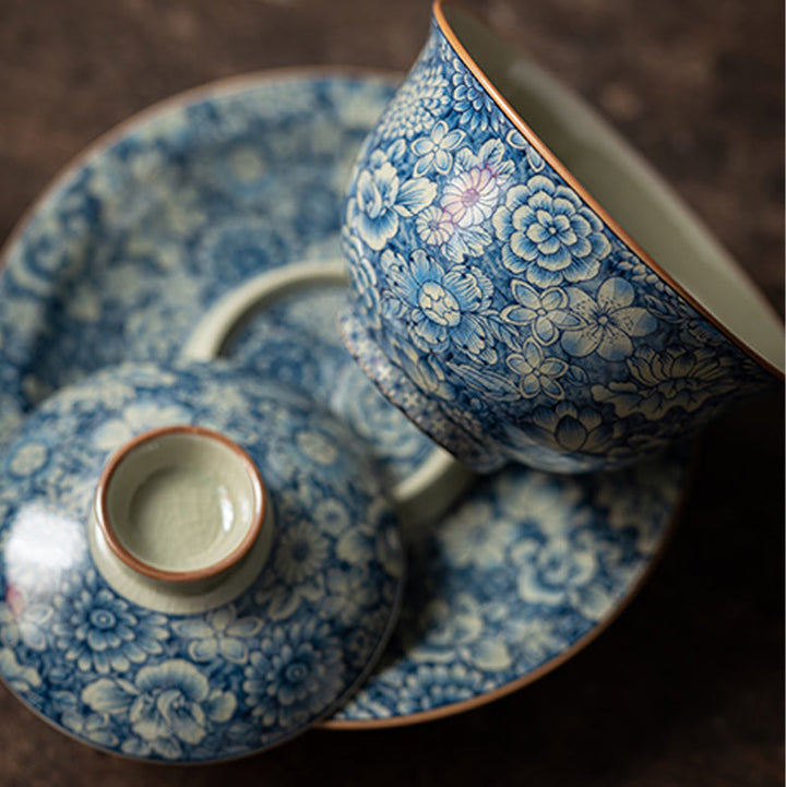 Buddha Stones Vintage Blue And White Porcelain Peach Blossom Lotus Peony Ceramic Gaiwan Sancai Teacup Kung Fu Tea Cup And Saucer With Lid - image 5
