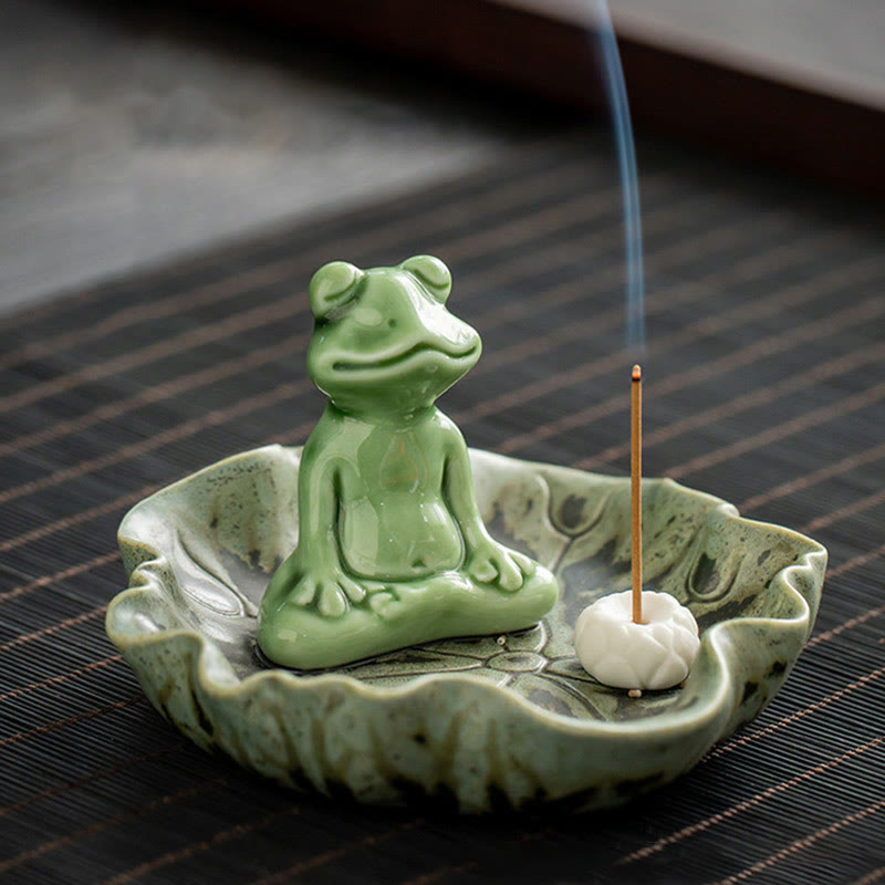 Buddha Stones Leaf Meditation Frog Pattern Healing Ceramic Incense Burner Decoration - Lotus Leaf Meditation Frog 11.4*7cm - image 0