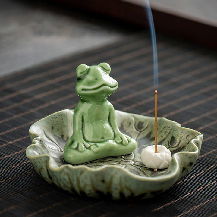 Buddha Stones Leaf Meditation Frog Pattern Healing Ceramic Incense Burner Decoration - Lotus Leaf Meditation Frog 11.4*7cm - image 0