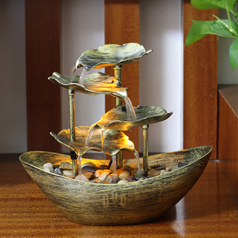 Buddha Stones Lotus Leaf Shaped Waterfall Fountain Tabletop Ornaments With LED Light Home Office Desktop Decoration