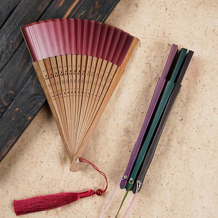 Buddha Stones Solid Color Gradient Hollow Engraved Handheld Bamboo Folding Fan