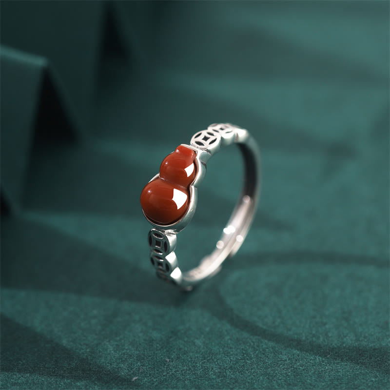 Buddha Stones 925 Sterling Silver Red Agate Gourd Copper Coin Self-acceptance Ring - Red Agate(Confidence♥Calm) - image 0