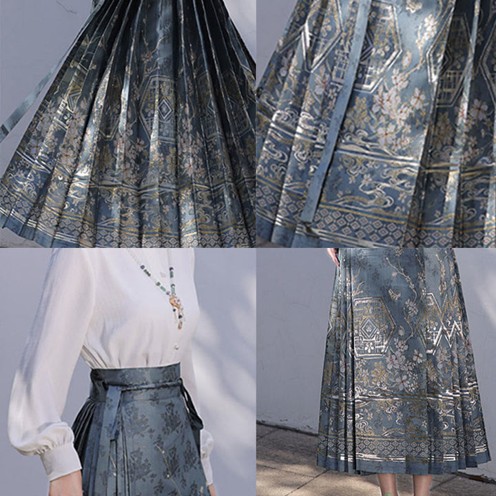 Buddha Stones Chinese Hanfu Blue Patio Plum Blossoms Printed Horse Face Skirt Mamianqun