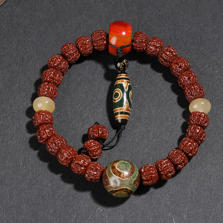 Buddha Stones Tibet Rudraksha Bodhi Seed Dzi Bead Lucky Cat Dancing Lion Wealth Bracelet Wrist Mala