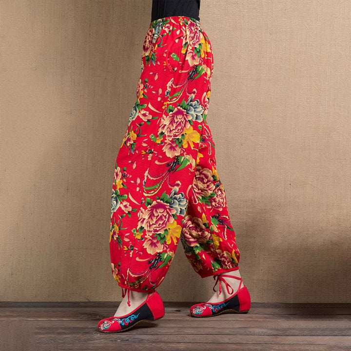 Buddha Stones Ethnic Style Red Green Flowers Print Harem Pants With Pockets