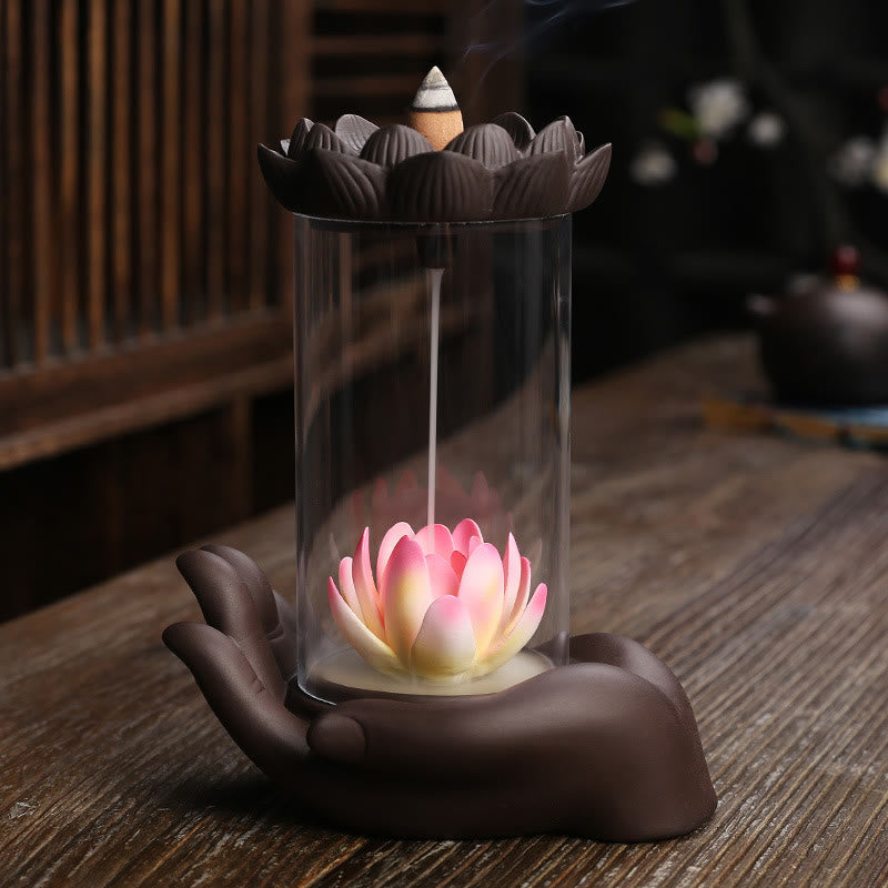 Buddha Stones Buddha Hand Lotus Enlightenment LED Light Purple Clay Ceramic Incense Burner Decoration - Buddha Hand Lotus - image 0