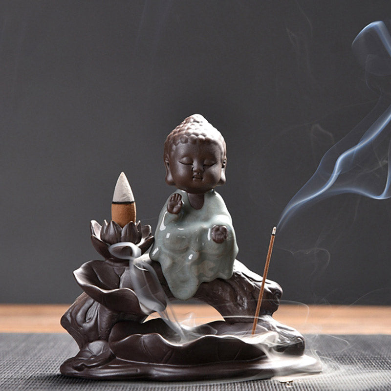 Buddha Stones Little Monk Ceramic Lotus Blessing Incense Burner Decoration - image 7