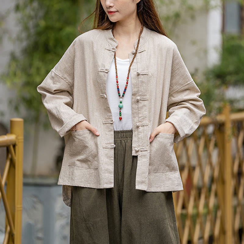 Buddha Stones Frog-Button Design Shirt Tai Chi Meditation Top Clothing Ramie Linen Jacket