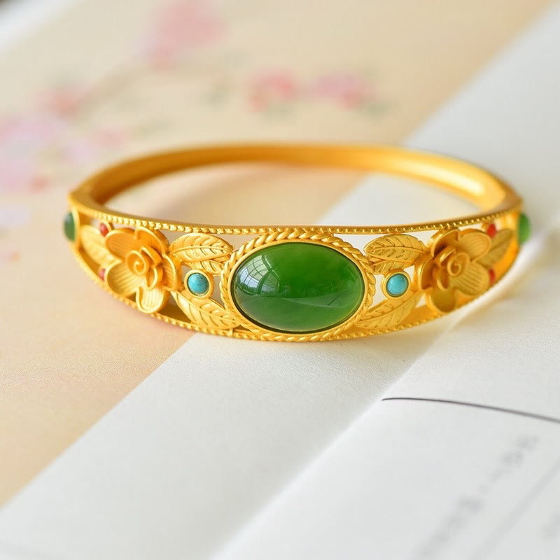 Buddha Stones Cyan Jade White Jade Flower Leaf Harmony Luck Bracelet Bangle - Cyan Jade&Golden Bangle - image 1