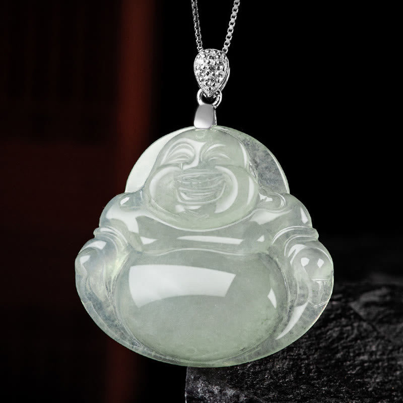 Buddha Stones Natural Jade Laughing Buddha Prosperity Abundance Titanium Steel Chain Necklace Pendant - image 6