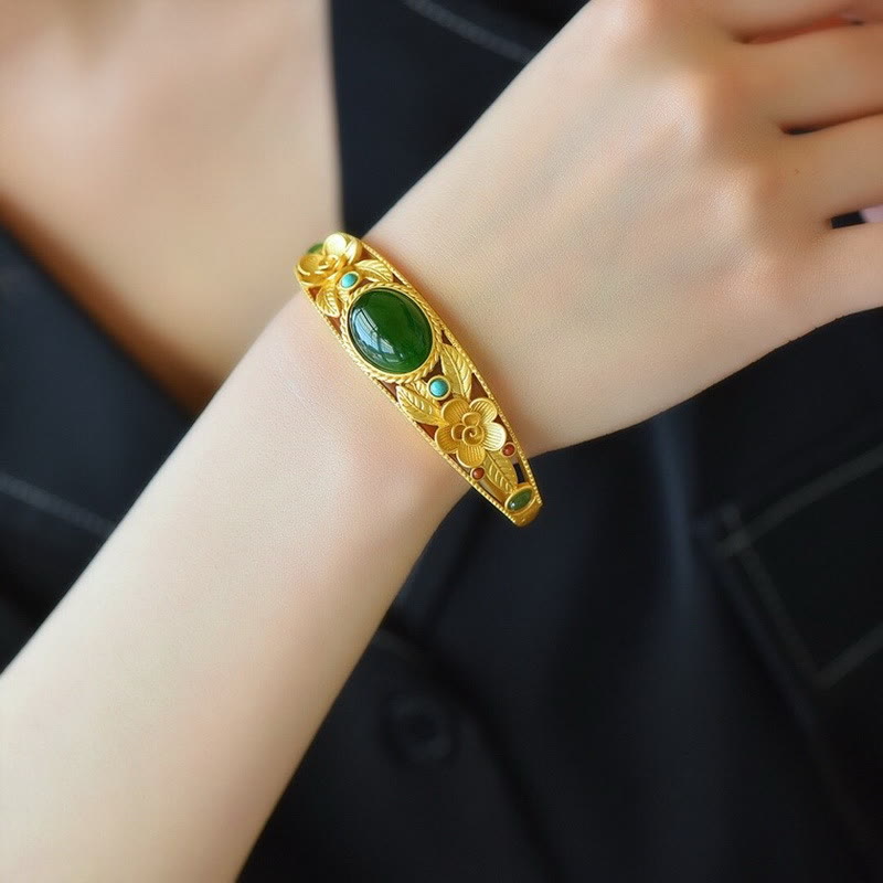 Buddha Stones Cyan Jade White Jade Flower Leaf Harmony Luck Bracelet Bangle - image 2