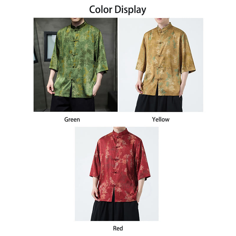 Buddha Stones Bamboo Leaves Pattern Chinese Half Sleeve Shirt Men T-shirt