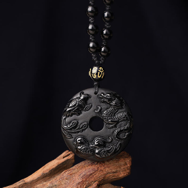 Buddha Stones Black Obsidian Dragon Phoenix Mandarin Duck Luck Protection Necklace Pendant