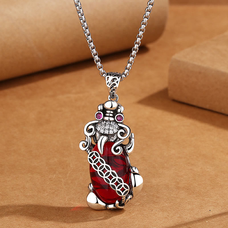 Buddha Stones PiXiu Garnet Copper Coin Wealth Luck Necklace Pendant - PiXiu&Chain - image 1