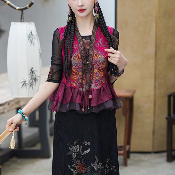 Buddha Stones Vintage Peony Flowers Embroidery Design Sleeveless Vest