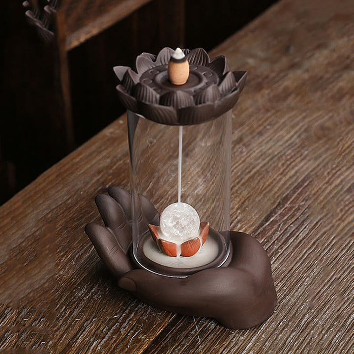 Buddha Stones Buddha Hand Lotus Enlightenment LED Light Purple Clay Ceramic Incense Burner Decoration - image 10