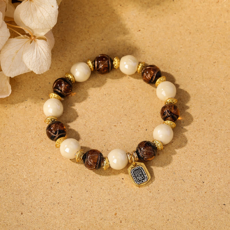 Buddha Stones Tibetan Zakiram Goddess of Wealth Charm Liuli Glass Incense Ash Porcelain Bead Protection Bracelet - Beige Porcelain - Brown Liuli Glass Bead - image 15