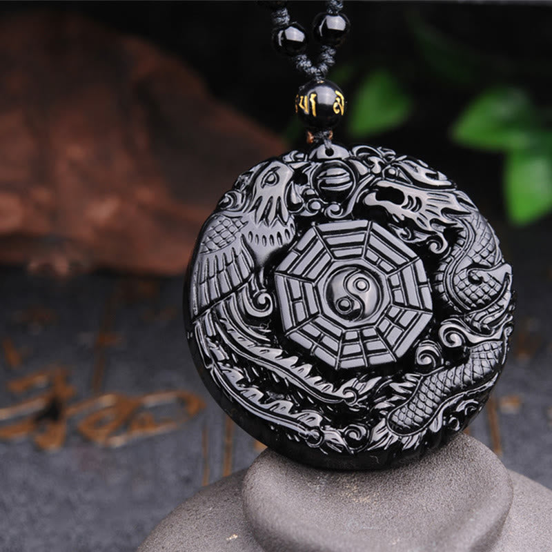 Buddha Stones Bagua Dragon Phoenix Obsidian Fulfilment Pendant Necklace - image 9