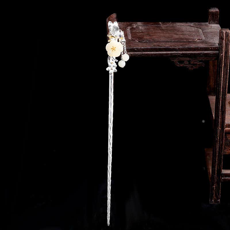 925 Sterling Silver Hetian White Jade Flower Blessing Hairpin - image 4