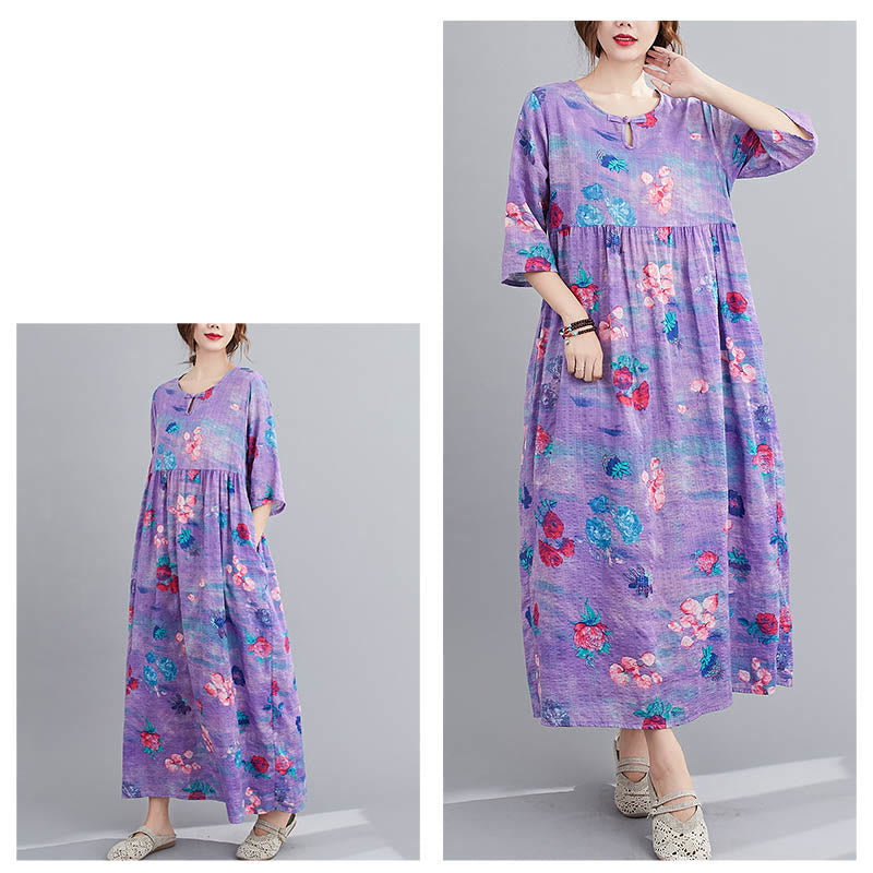 Buddha Stones Flowers Print Midi Dress Cotton Linen Tunic Dress With Pockets