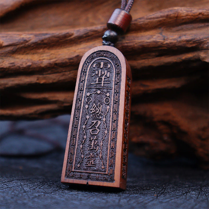 Buddha Stones Lightning Struck Jujube Wood Taoist Five Thunder Order Luck Protection Necklace Pendant