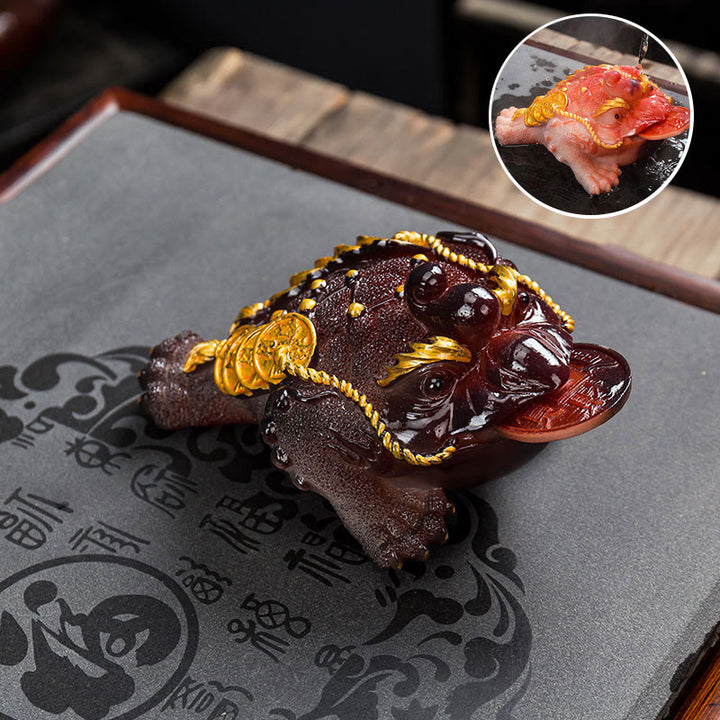 Buddha Stones Color Changing FengShui Wealth Lucky Frog Copper Coin Tea Pet Resin Figurine Decoration - Red - 11.8*6.3cm - image 16