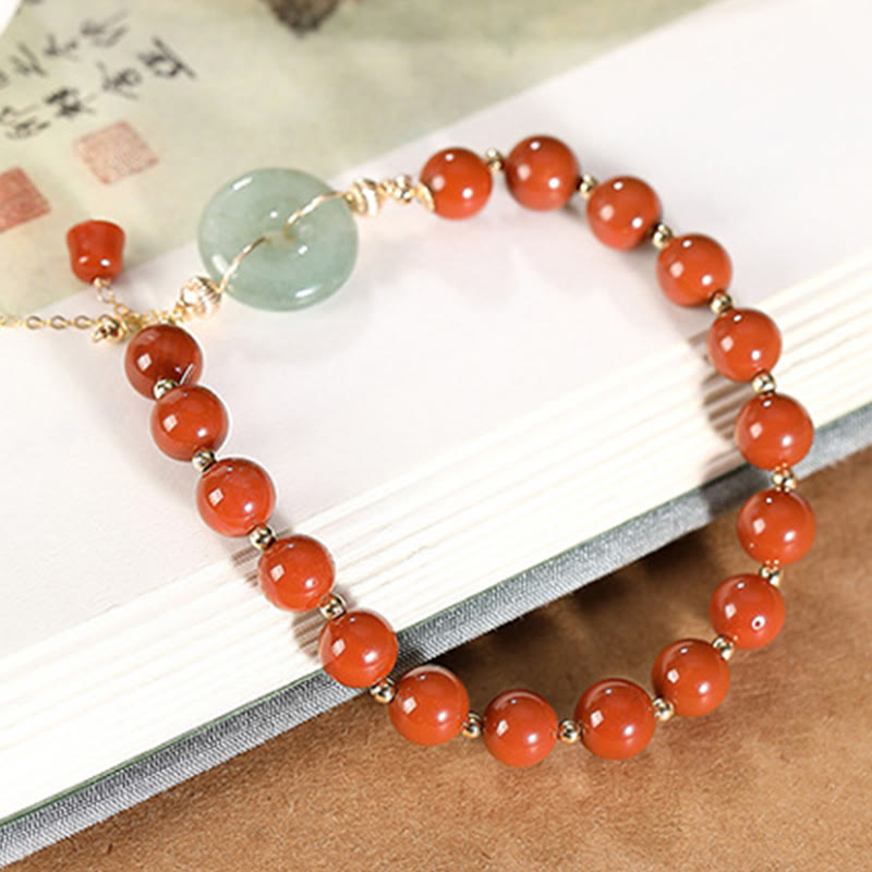 Buddha Stones 14k Gold Filled Jade Red Agate Peace Buckle Copper Coin Gourd Confidence Bracelet