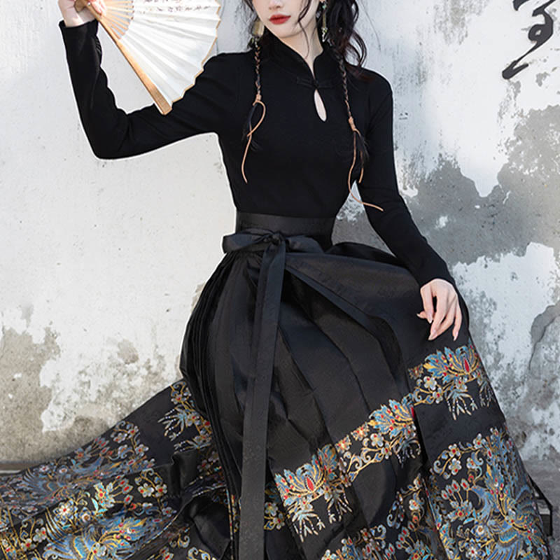 Buddha Stones Short Long Sleeve Shirt Top Chinese Hanfu Ming Dynasty Horse Face Skirt Mamianqun Skirt