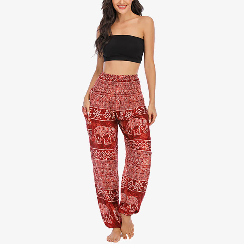 Buddha Stones Elephant Pattern Loose Casual Harem Trousers High Waist Women's Yoga Pants