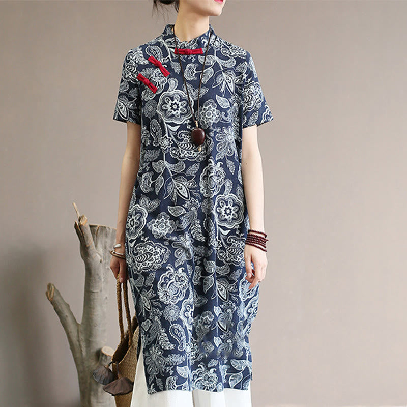 Buddha Stones Blue White Flower Frog-button Cheongsam Dresses Short Sleeve Linen Dresses With Pockets