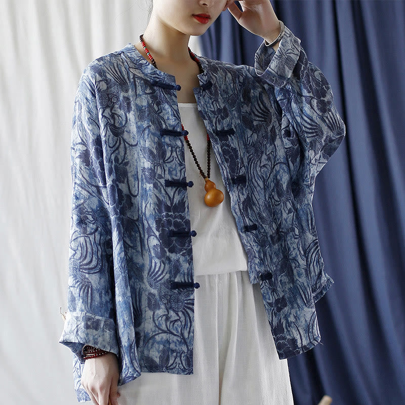 Buddha Stones Retro Blue White Flowers Frog-Button Design Long Sleeve Ramie Linen Jacket Shirt