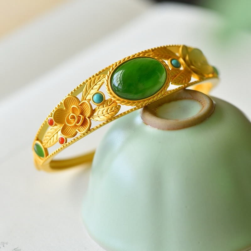 Buddha Stones Cyan Jade White Jade Flower Leaf Harmony Luck Bracelet Bangle - image 4