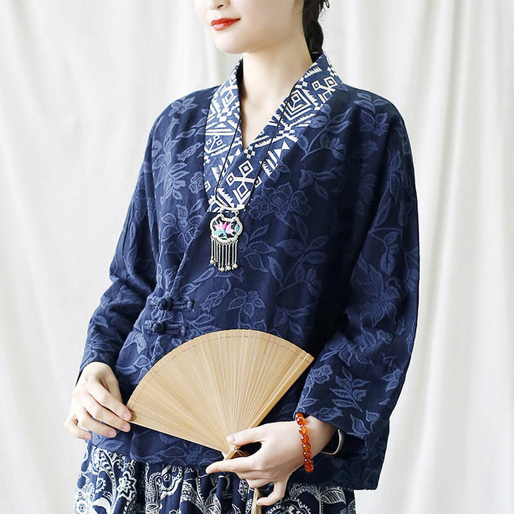 Buddha Stones Flower Jacquard V-Neck Long Sleeve Jacket