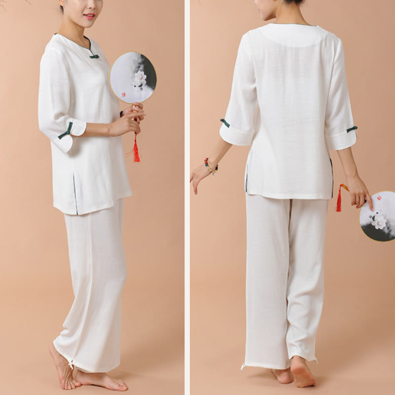 Buddha Stones 2Pcs Frog-Button Three Quarter Sleeve Shirt Top Pants Meditation Zen Tai Chi Linen Clothing Women's Set