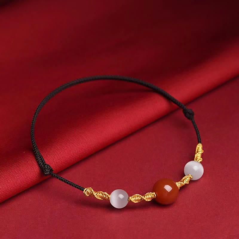 Buddha Stones Natural Red Agate Cat Eye Calm Braided String Bracelet Necklace Pendant - Red Agate&Cat Eye Black Rope Bracelet(Wrist Circumference 13-19cm) - image 2