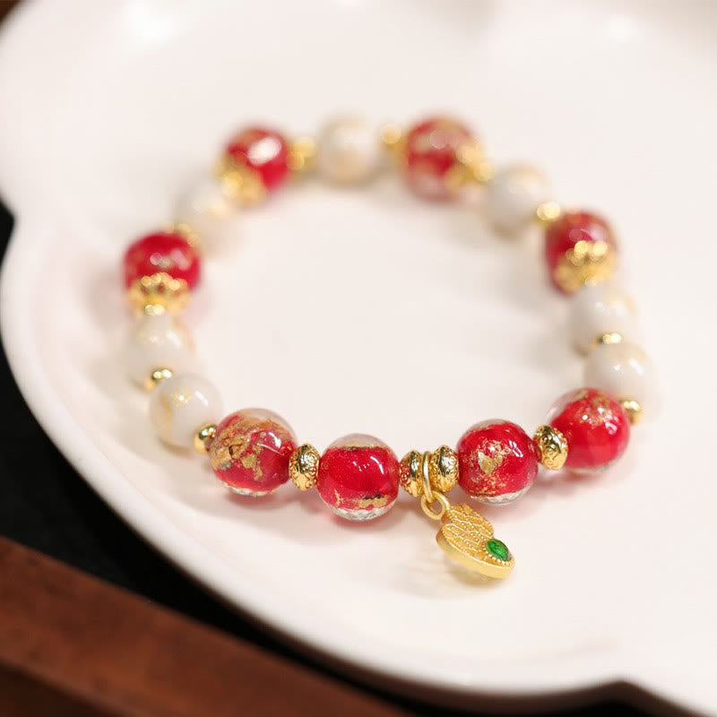 Buddha Stones Gourd God Of Wealth Charm Fortune Liuli Glass Bead Incense Ash Porcelain Bead Bracelet - Red White Bead Gourd Charm(Wrist Circumference 14-15cm) - image 0