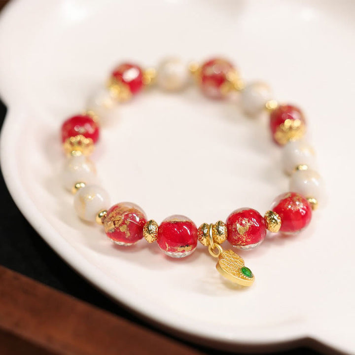 Buddha Stones Gourd God Of Wealth Charm Fortune Liuli Glass Bead Incense Ash Porcelain Bead Bracelet - Red White Bead Gourd Charm(Wrist Circumference 14-15cm) - image 0