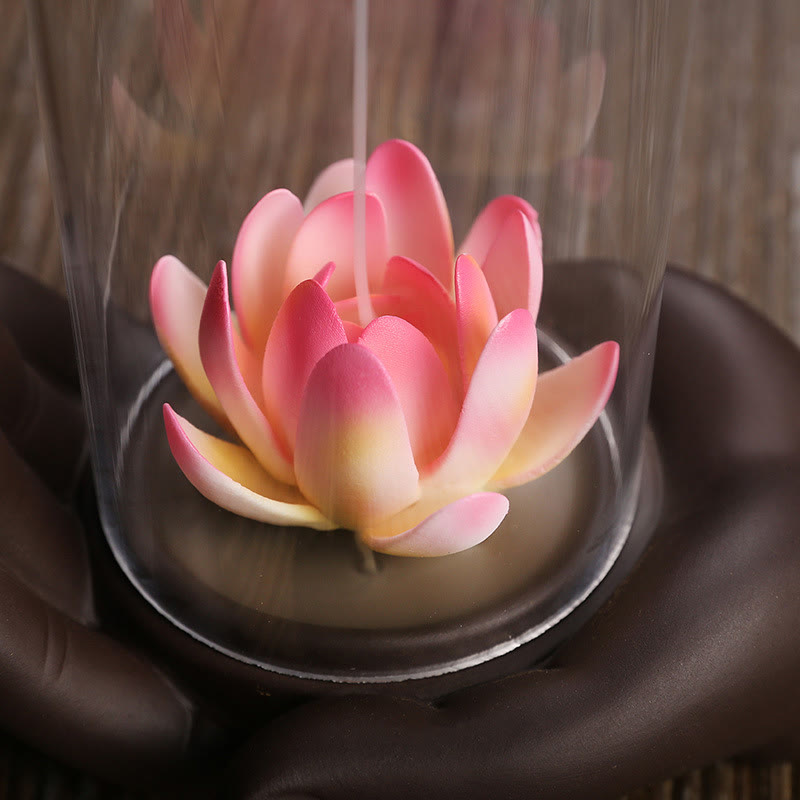 Buddha Stones Buddha Hand Lotus Enlightenment LED Light Purple Clay Ceramic Incense Burner Decoration - image 3
