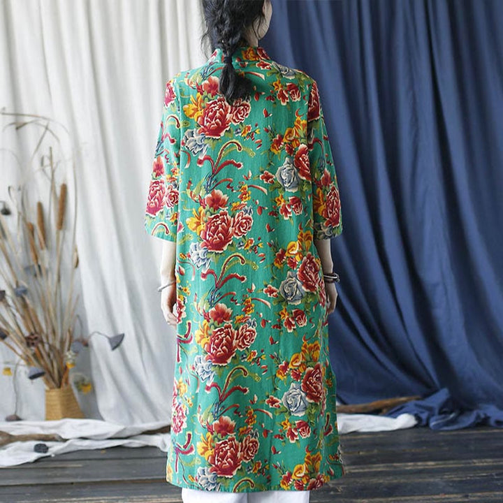 Buddha Stones Red Blue Peony Midi Dress Half Sleeve Cotton Linen Dress Wide Leg Pants With Pockets