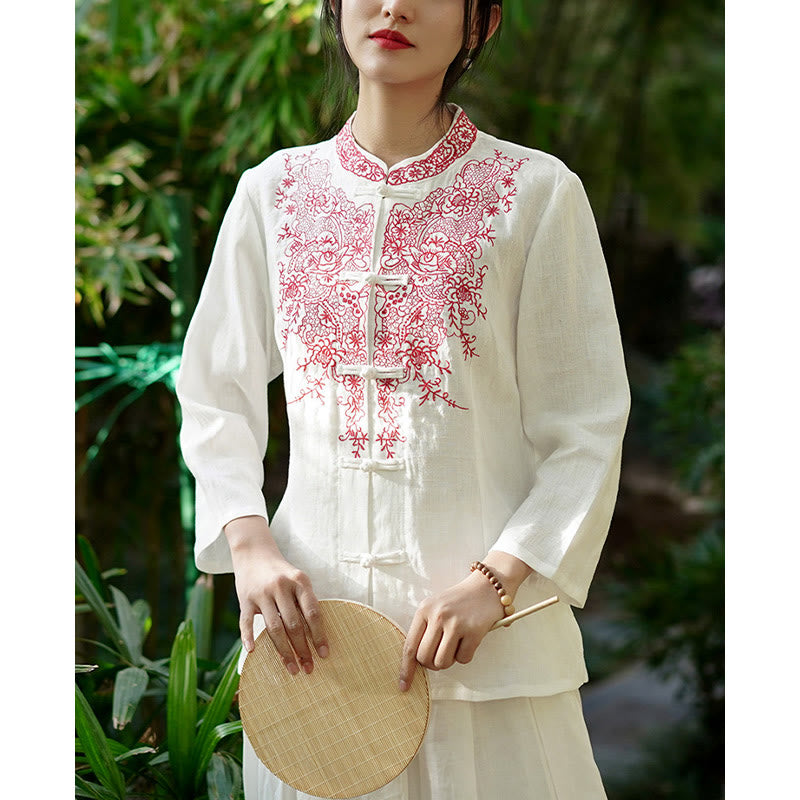 Buddha Stones Flower Embroidery Frog-button Design Shirt Top Linen Clothing