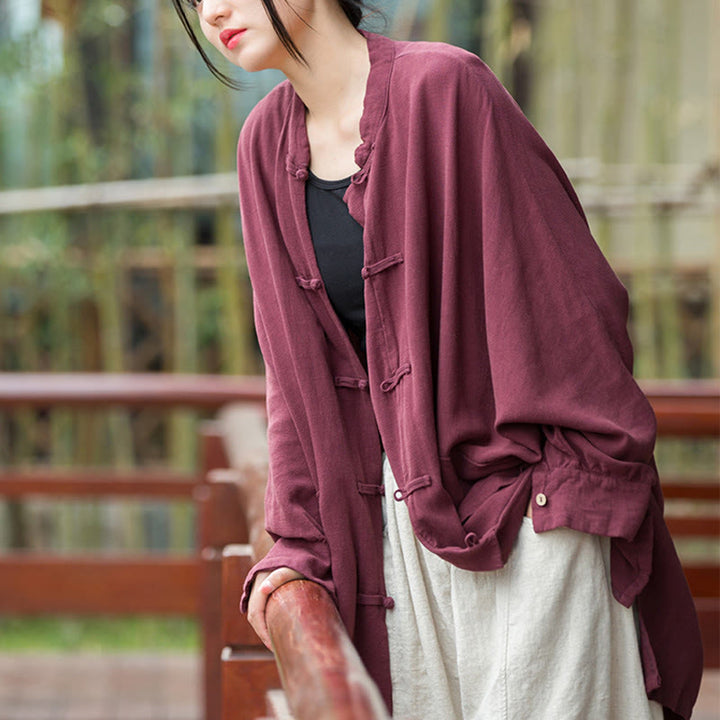 Buddha Stones Frog-Button Long Sleeve Zen Meditation Open Front Jacket With Pockets