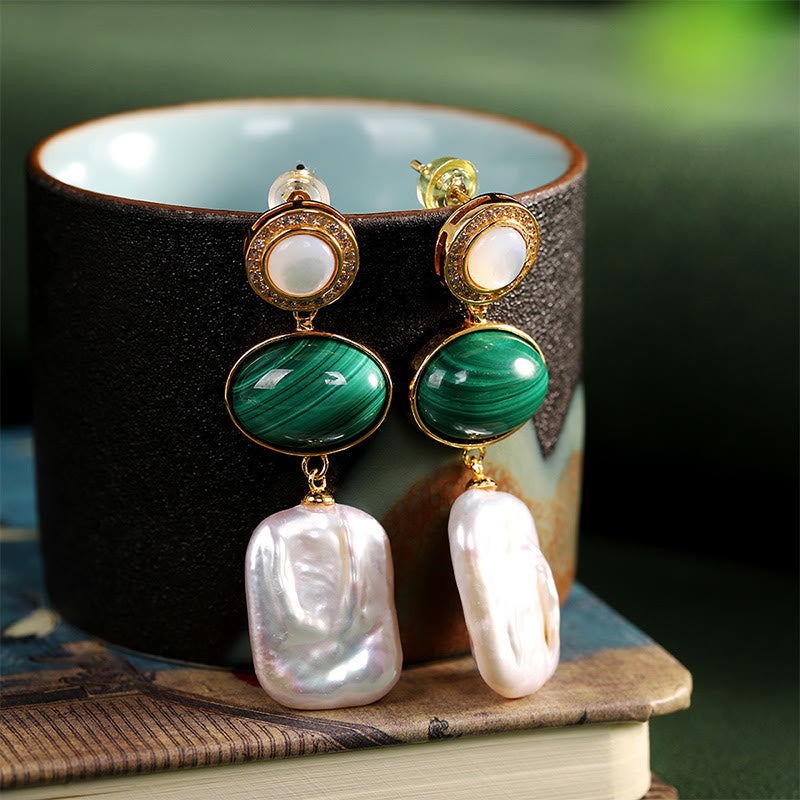 Buddha Stones 925 Sterling Silver Natural Baroque Pearl Malachite Healing Wisdom Drop Earrings