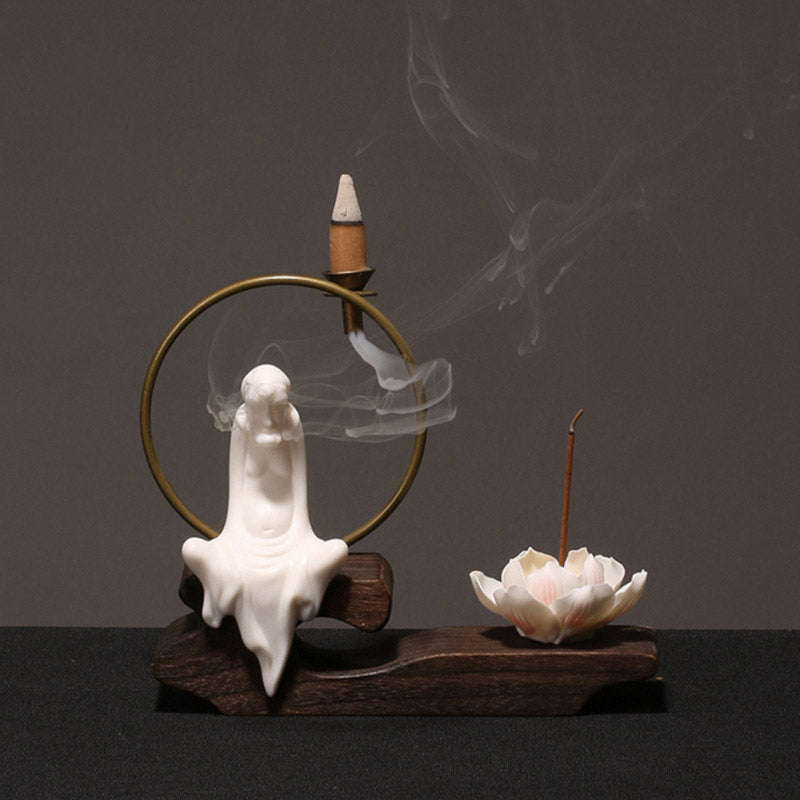 Buddha Stones Ceramic Lotus Healing Meditation Incense Burner Decoration - White Dharma - image 10