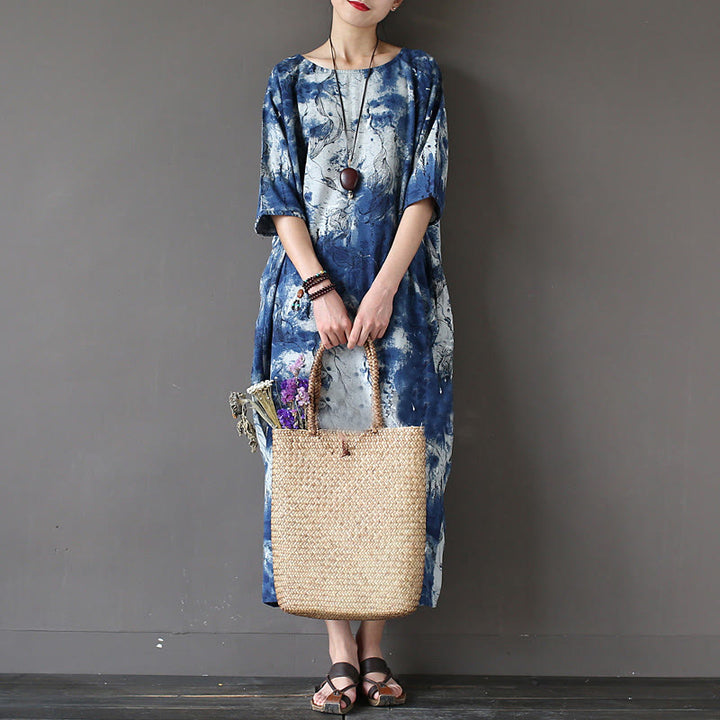 Buddha Stones Ink Tie Dye Midi Dress Three Quarter Sleeve Cotton Linen Dress With Pockets