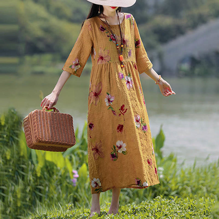 Buddha Stones Flowers Print Midi Dress Cotton Linen Tunic Dress With Pockets